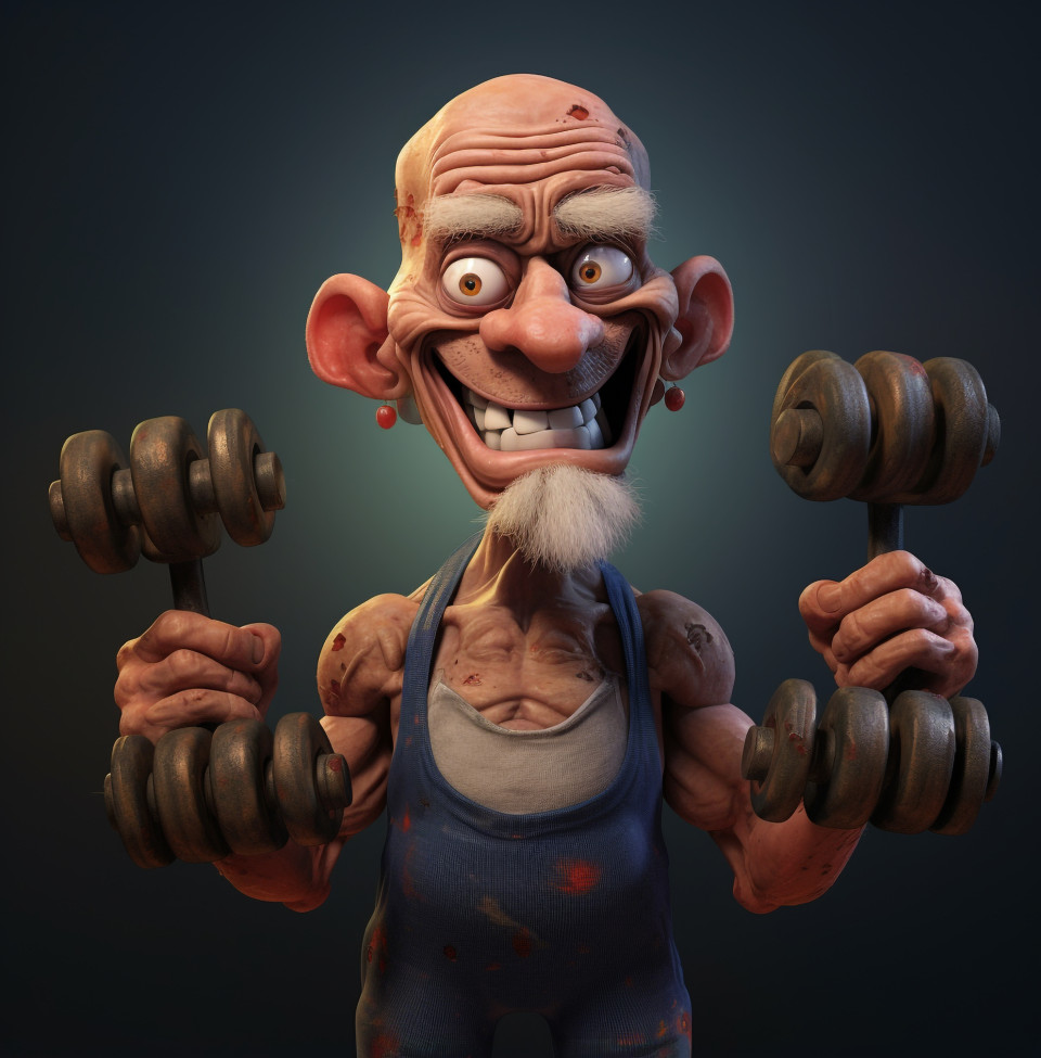 An animated character holding dumbbells, cartoon style art