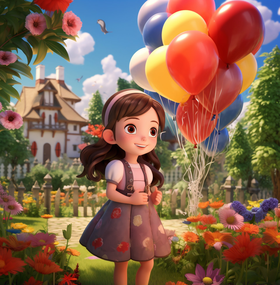 A young girl is holding balloons near a flower garden, cartoon style art