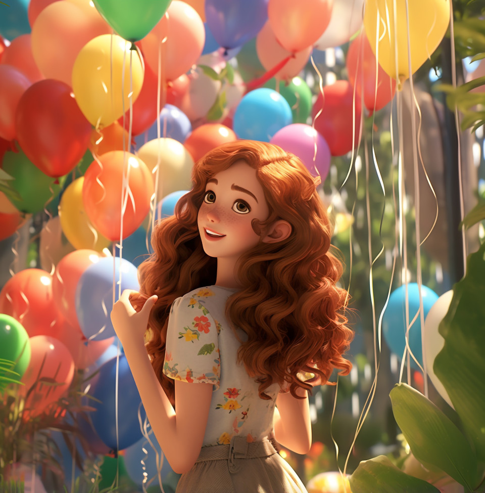 A girl in a dress holding balloons, cartoon style art