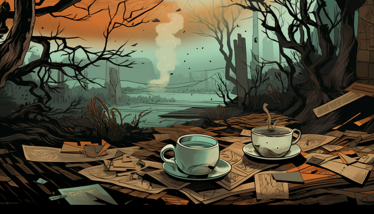 Coffee and tea on paper in vintage style, cave painting style