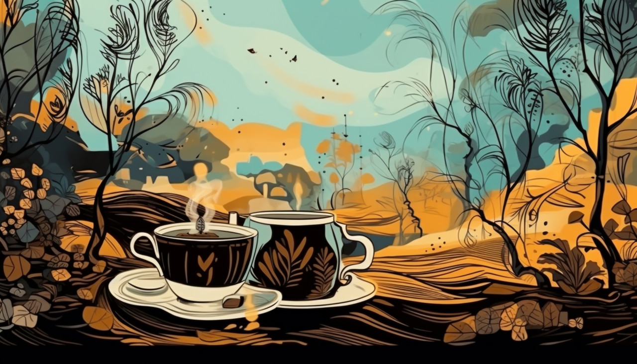 Coffee and tea in a vintage setting, cave painting style