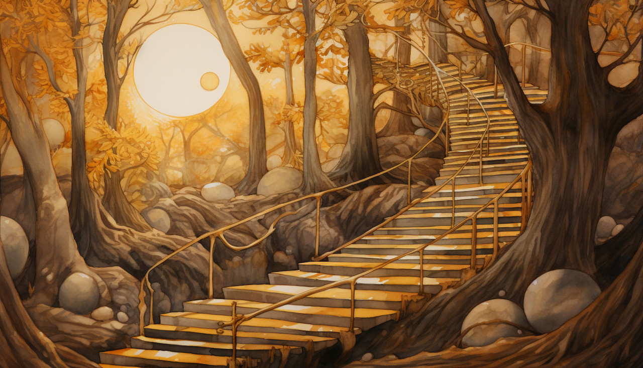 A painting of stairs leading in to a forest, cave painting style