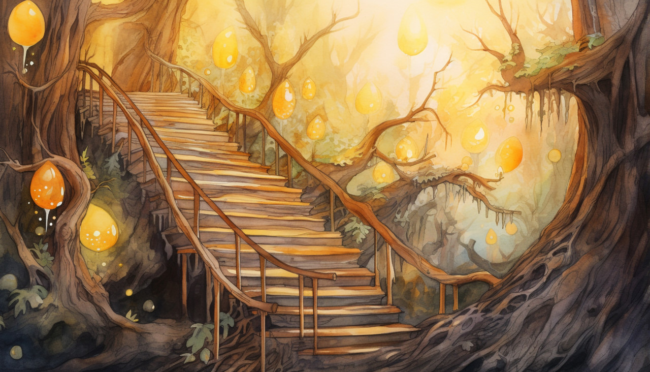 Stairs leading into nature, cave painting style