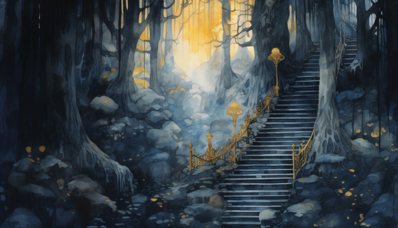 A painting of a dark forest with stairs to the sunlight, cave painting style