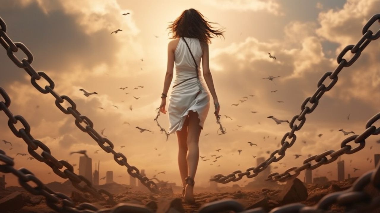 A girl walking over chains, concept style art