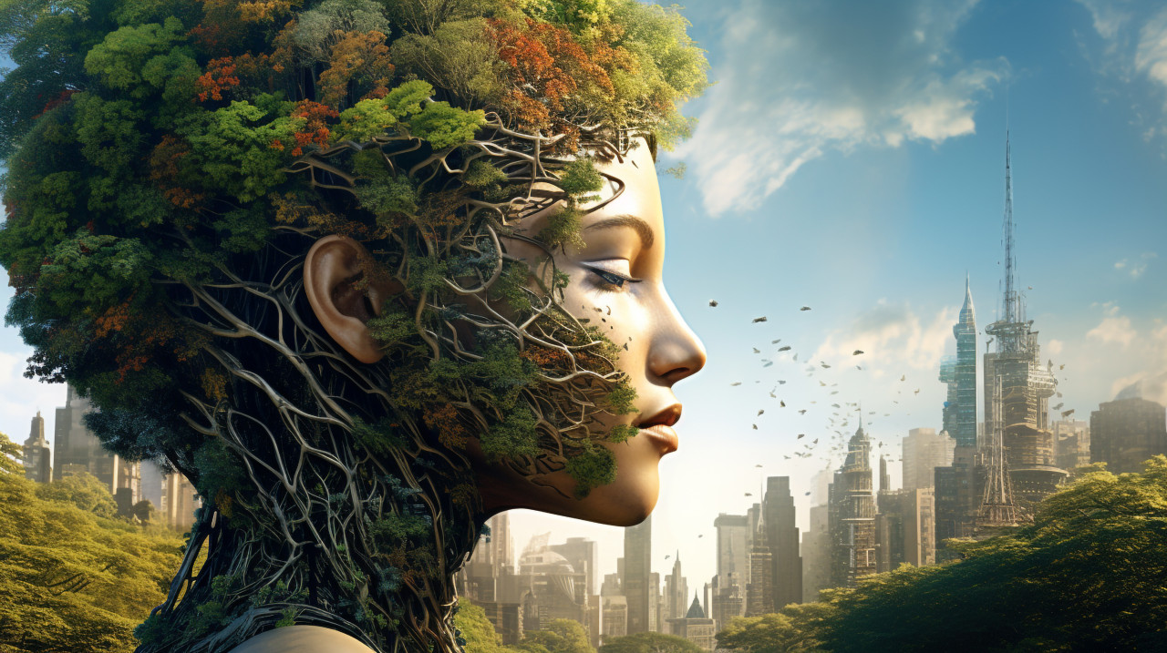 City and ecology with the human head and trees, concept style art