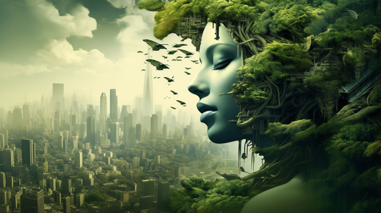 The modern city with forest forming its head over a man with a green head, concept style art