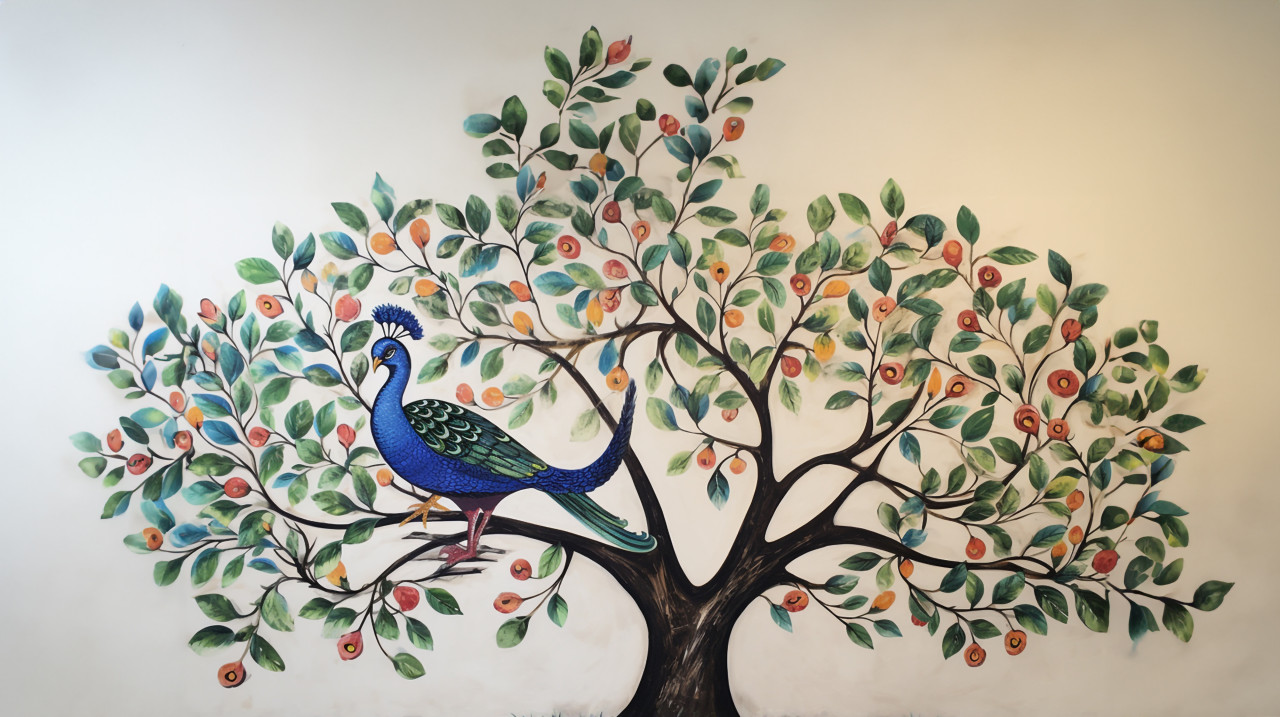 Beautiful peacock in tree, gond painting style art