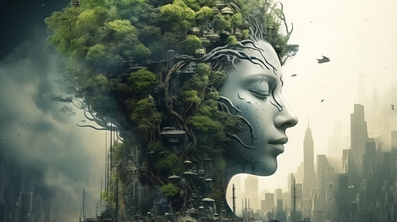 City with forest head over green man, concept style art