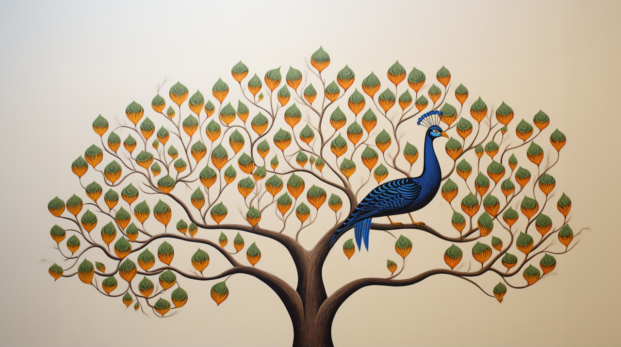 A painting of two peacocks, gond painting style art