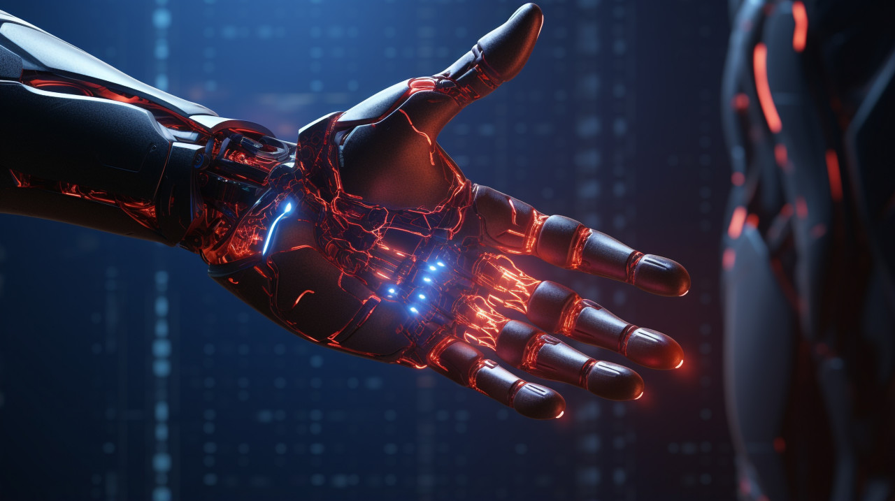 A human hand with a robotic hand reaching for the other, concept style art