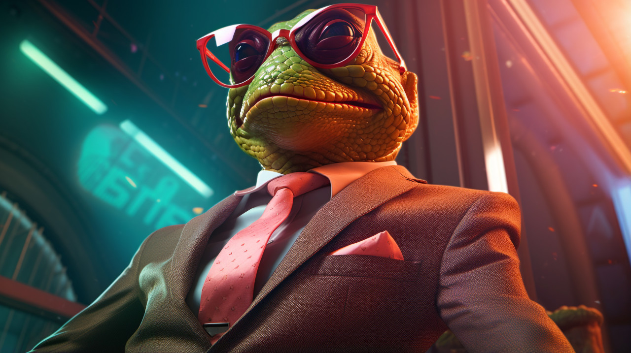 A fake frog wearing sunglasses and a suit, concept style art
