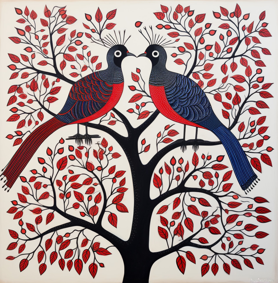 Peacocks spreading their tails in a painting, gond painting style art