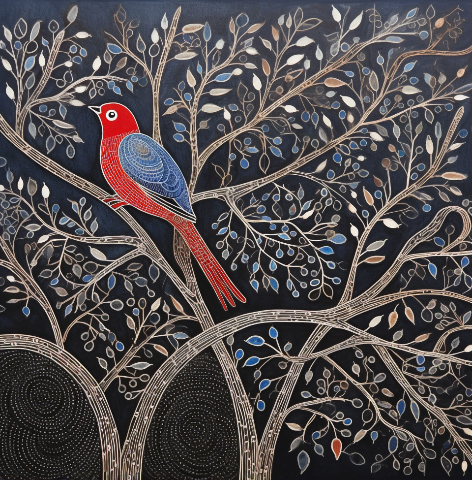 A painting of a bird and its branches in blues and reds, gond painting style art