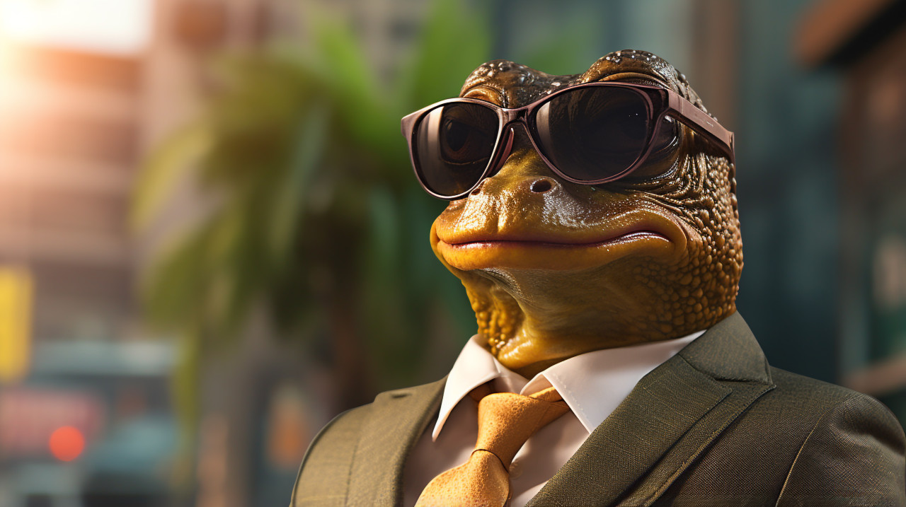 Corporate frog dressed up in a suit with sunglasses, concept style art
