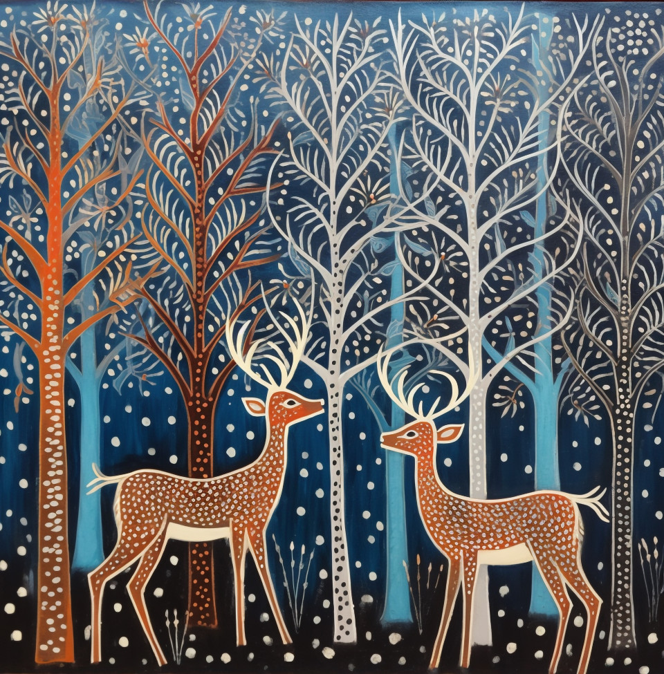 Hand painted on paper painting of deers that is a part, gond painting style art