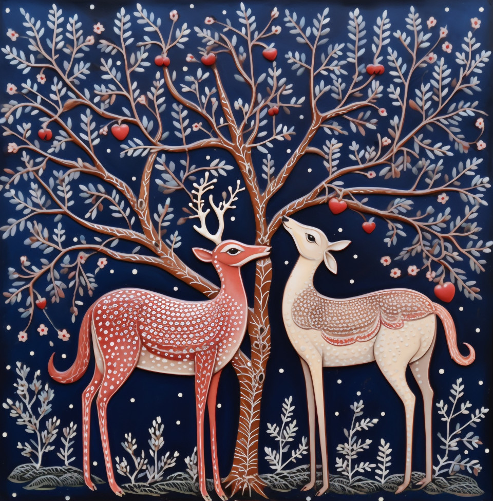 A painting of three deers and a bird, gond painting style art