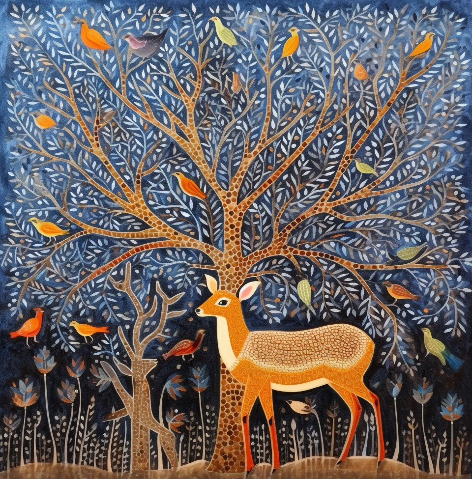 A colorful painting depicting a deer with birds, gond painting style art
