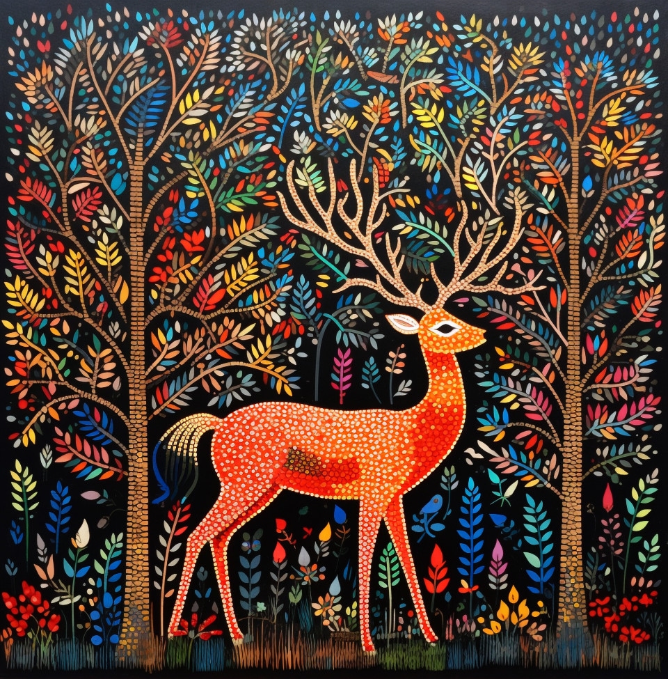 A deer is painted with different birds and flowers, gond painting style art