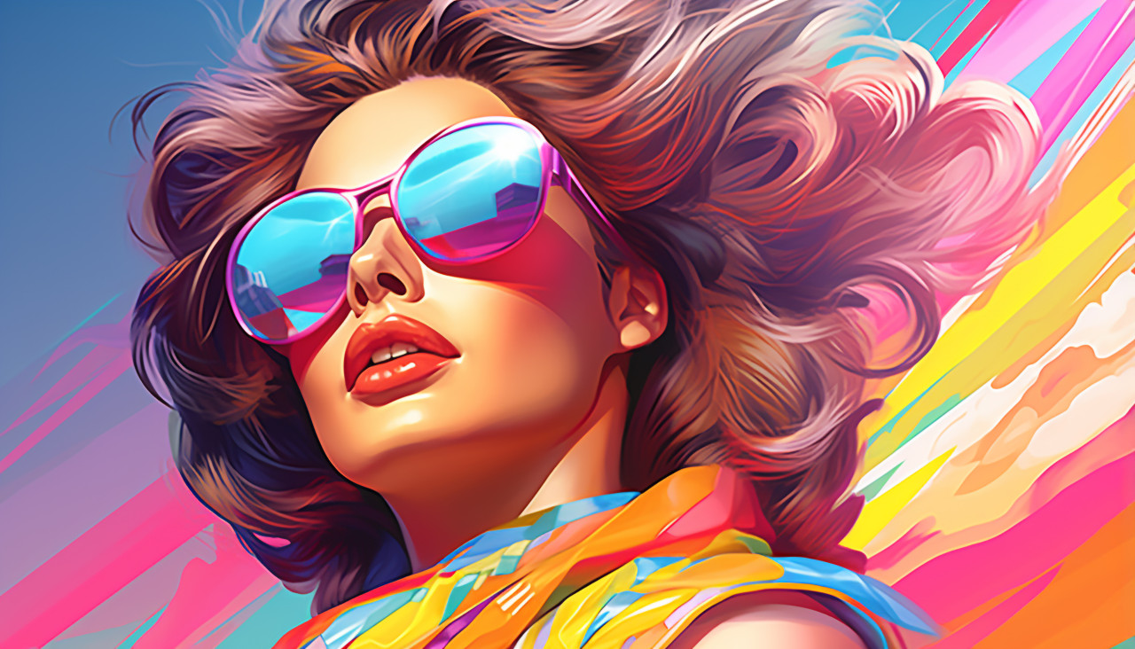 A woman in colorful sunglasses atop a beach graphic, digital collage art