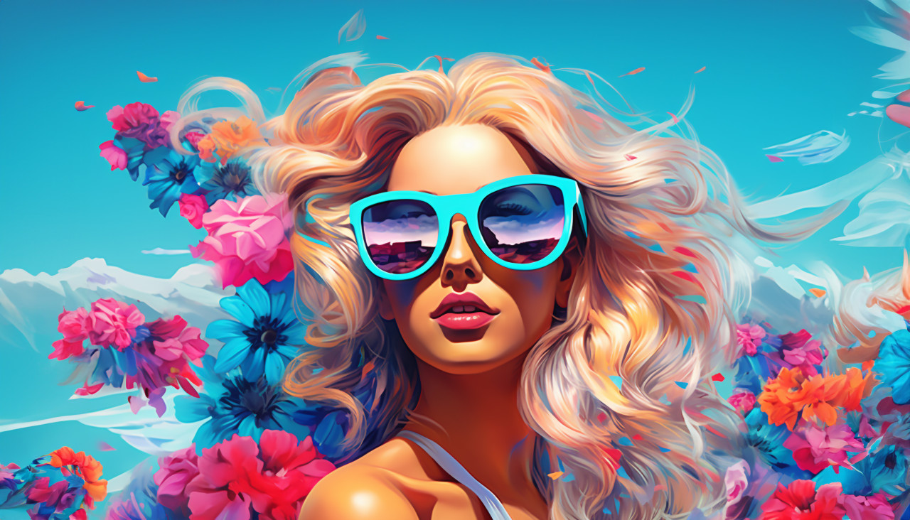 A colorful girl in sunglasses and flowers, digital collage art