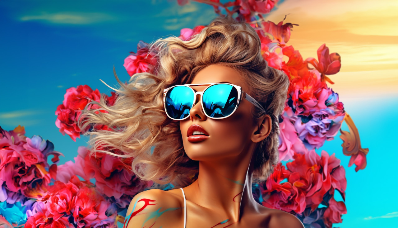 Girl with colorful sunglasses and flowers, digital collage art