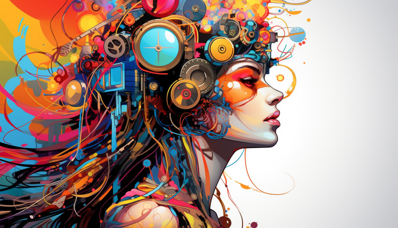 A female with a colorful head and gears in it, digital collage art