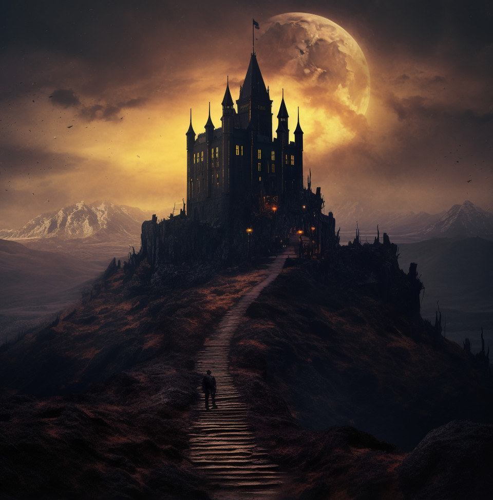 Black castle on island hill, gothic style art