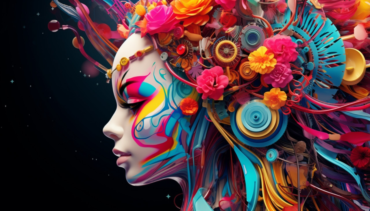 Creative woman with gears in her mind, digital collage art