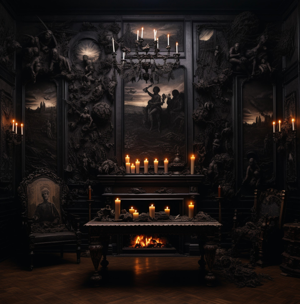 Gothic room in the dark with a dark, gothic style art