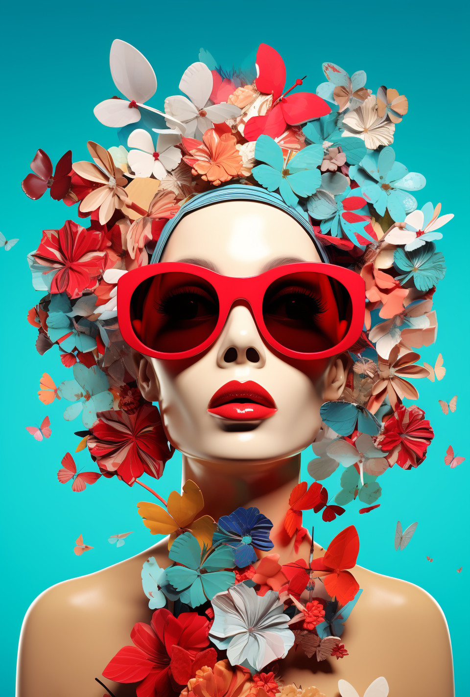 An advertisement with a girl with sunglasses, digital collage art