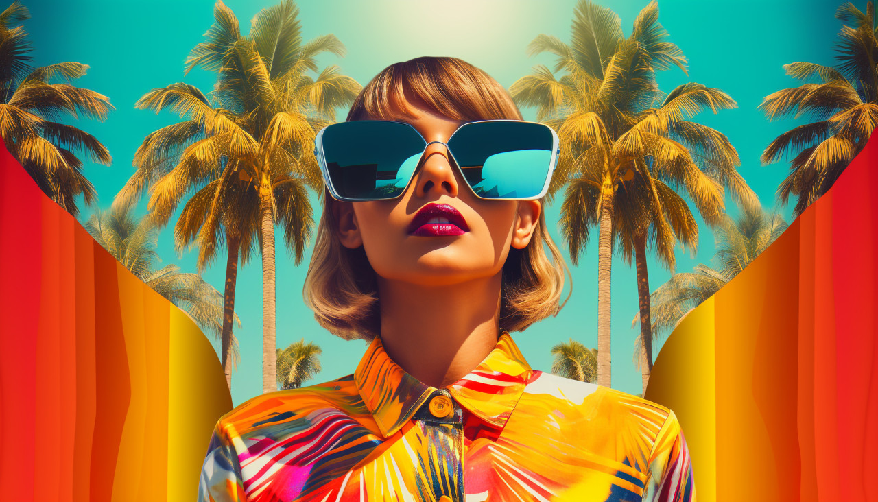 A woman wearing sunglasses and palm trees, digital collage art