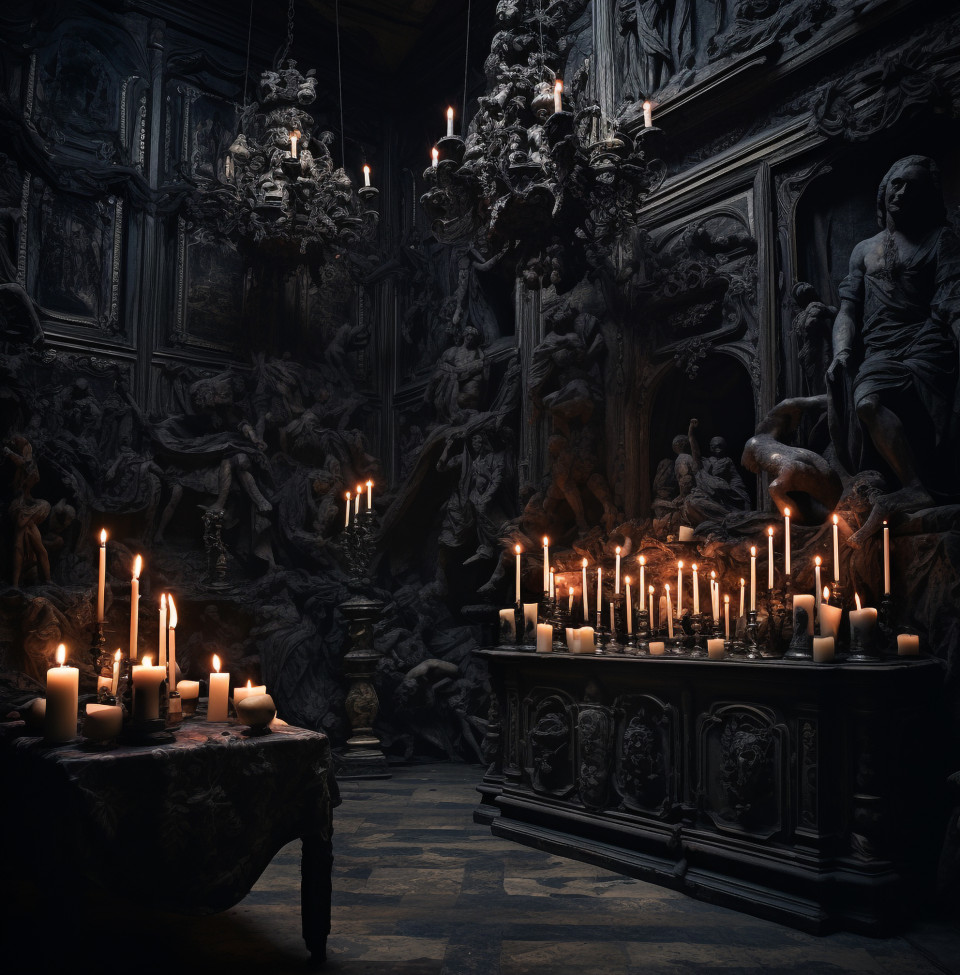 A black and ornately decorated room with candles and paintings, gothic style art