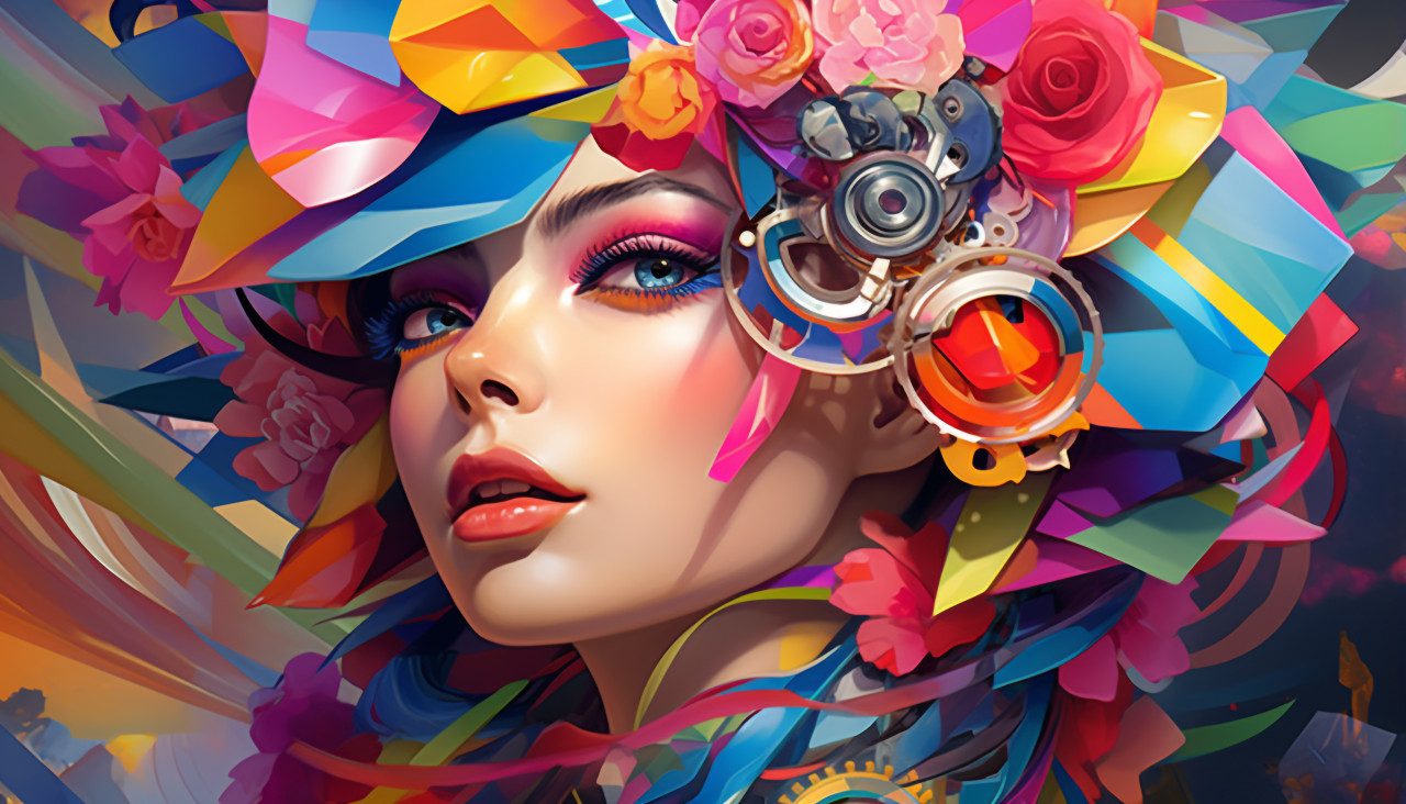 An artistic image of a female face decorated with a colorful pattern, digital collage art