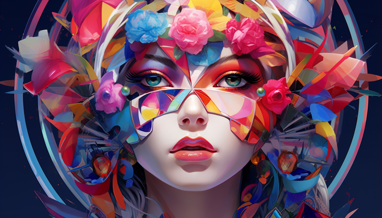 Colorful pattern decorates female face, digital collage art