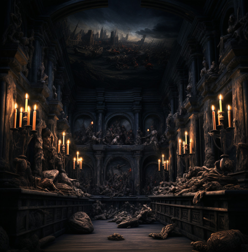 Candlelit black room with ornate paintings, gothic style art