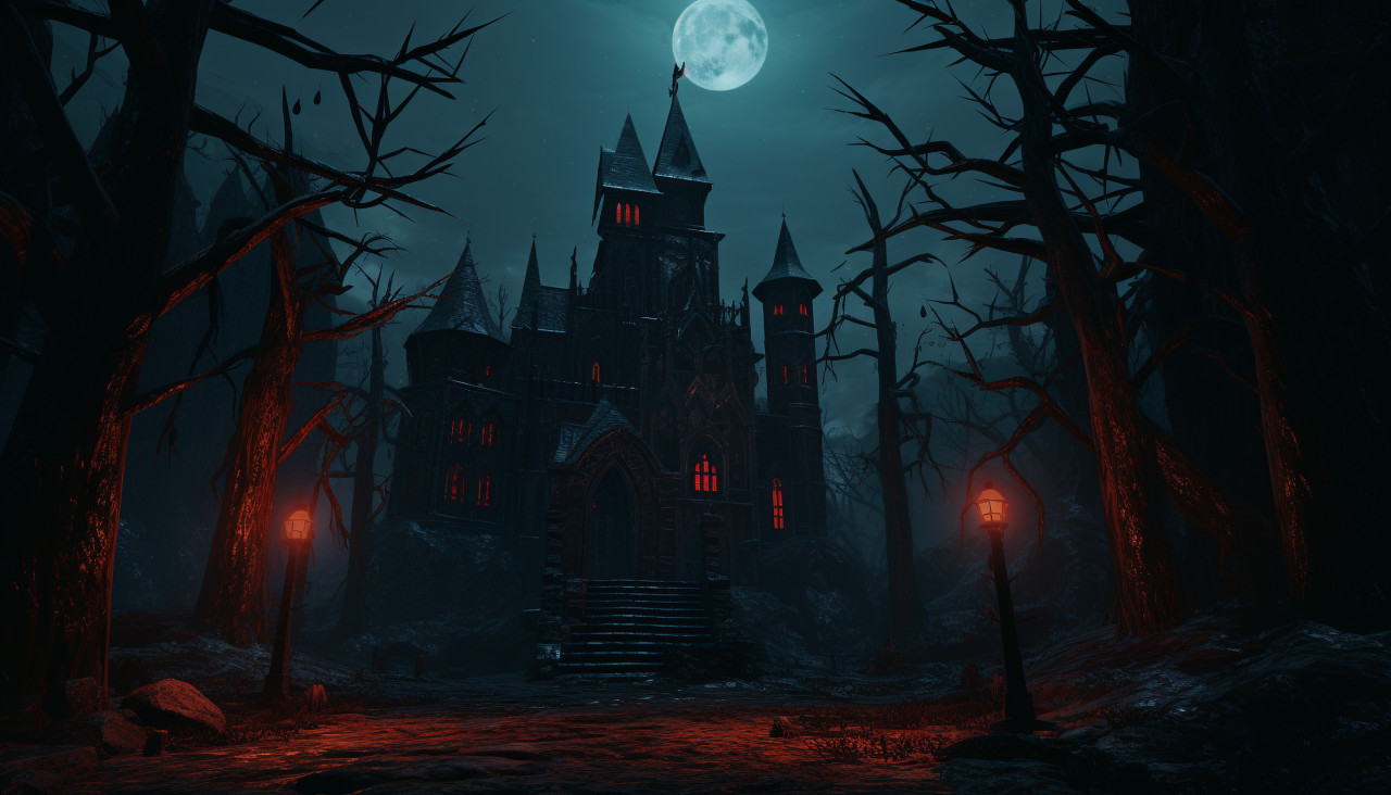 Dark and stormy night at gothic castle, grimdark art