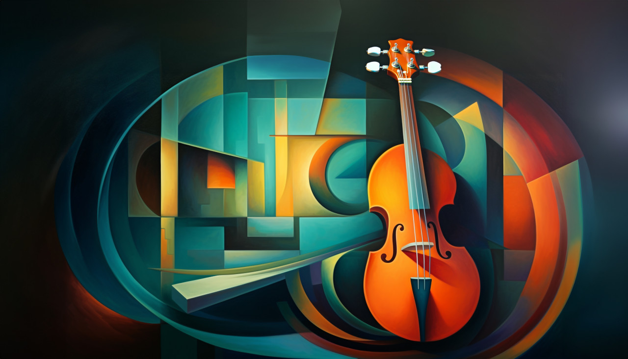 Artistic cello in frame with contrasting colors, digital collage art