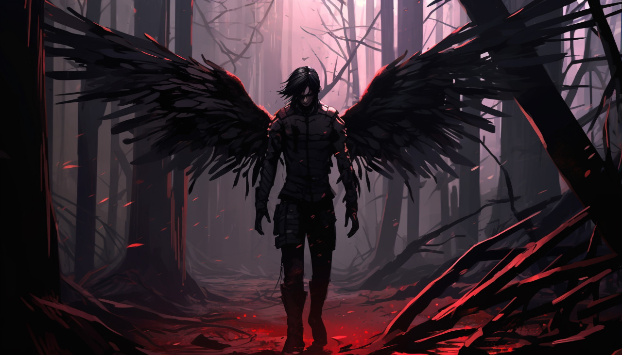 A male angel walking through a dark forest, grimdark art