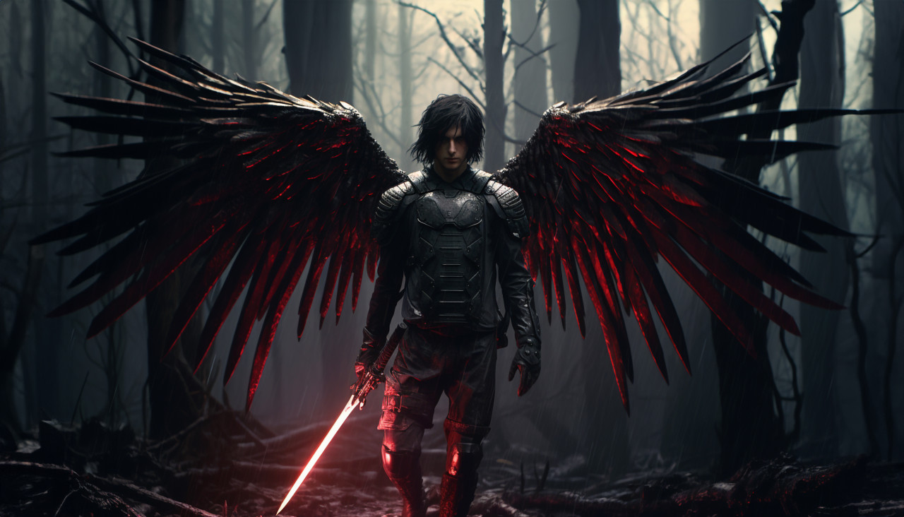 Angel walks through the woods, grimdark art
