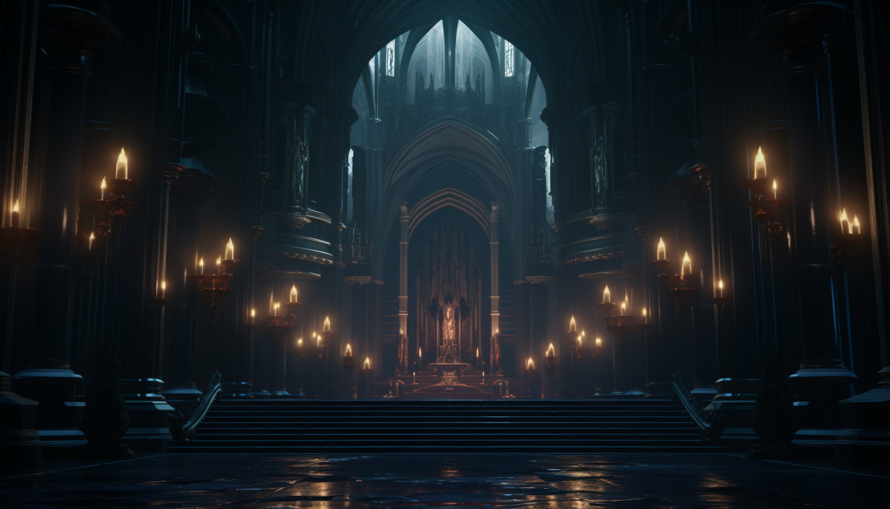 A scene showing a lit up, grimdark art