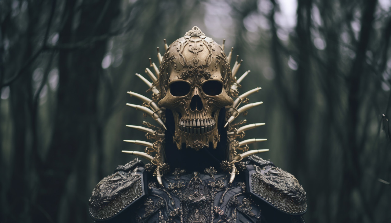 A skull dressed in armor and dark costume, grimdark art