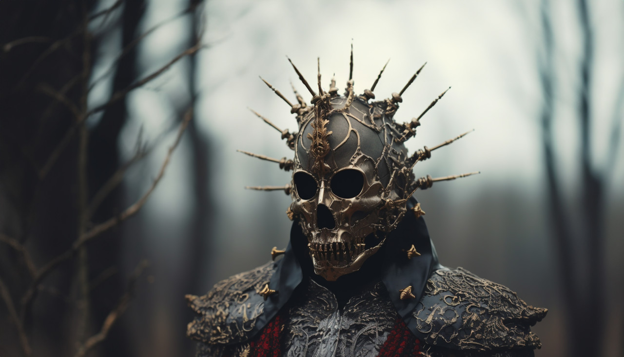 Armored skull in dark costume, grimdark art