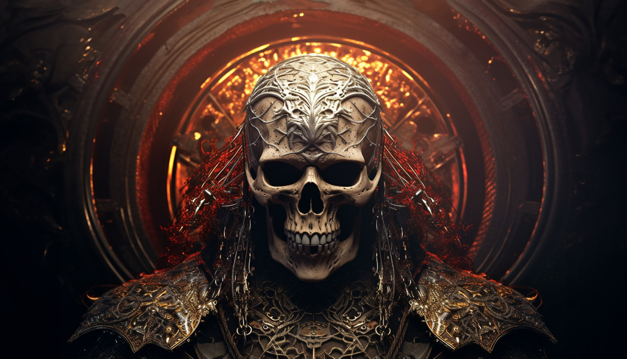 An ornate skull with an intimidating pose, grimdark art