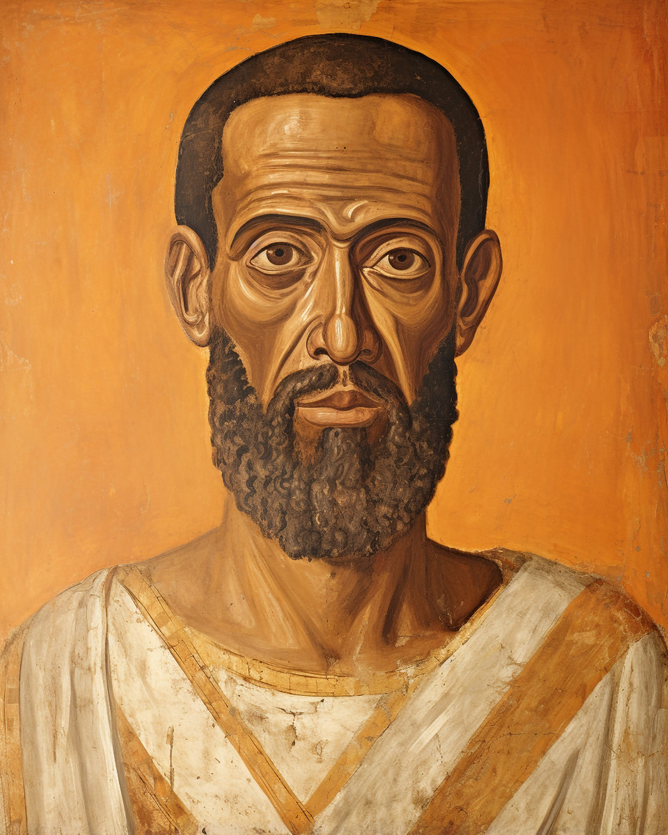 Old man in tunic painting, fayum style art