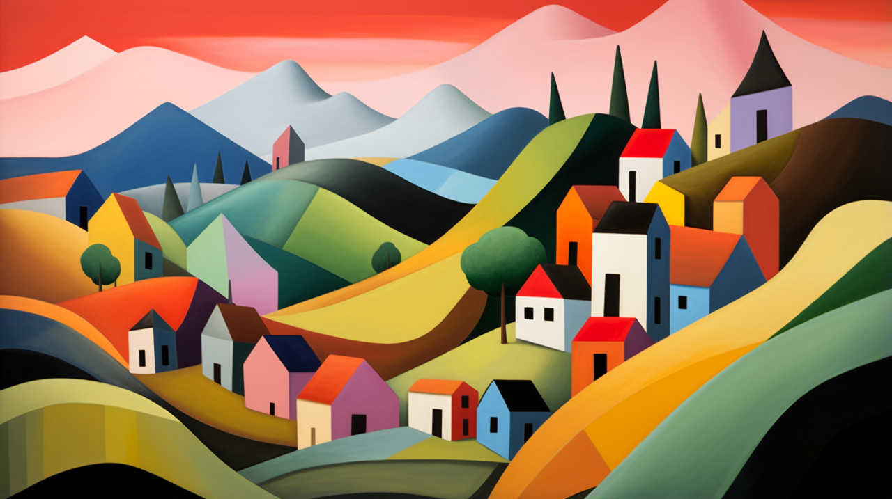 Colorful village in abstract painting, folk style art