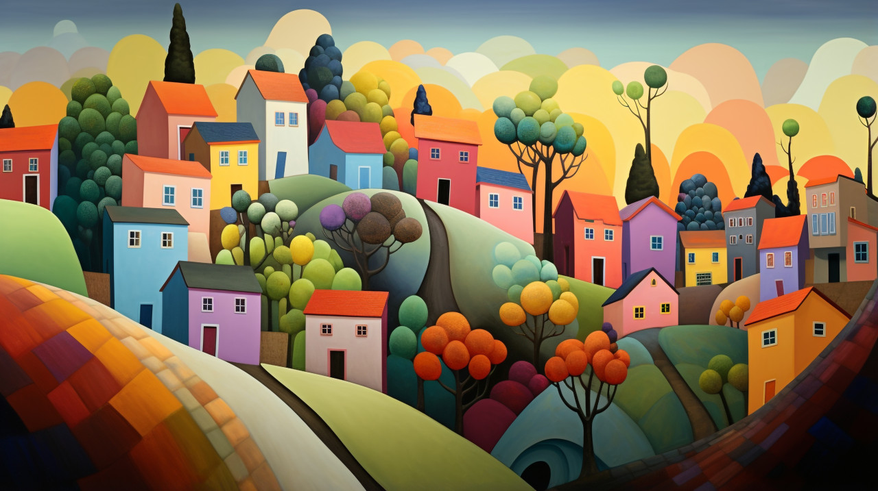A painting of colorful houses on a hilly landscape, folk style art