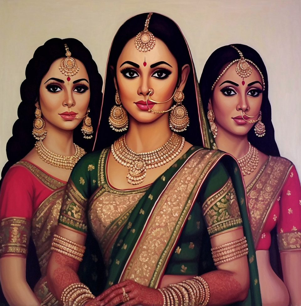 Indian girl in green sari painting, kangra painting styles