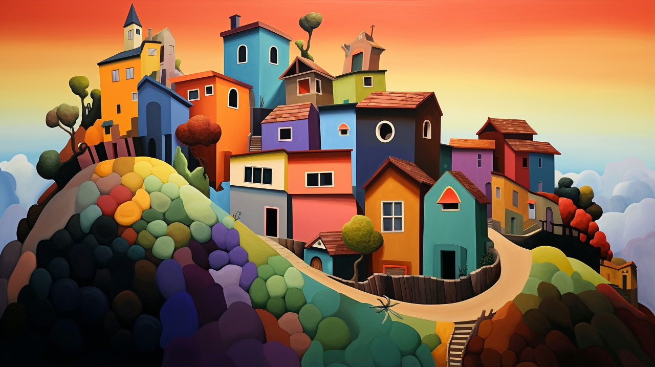 Colorful houses on hilly landscape painting, folk style art