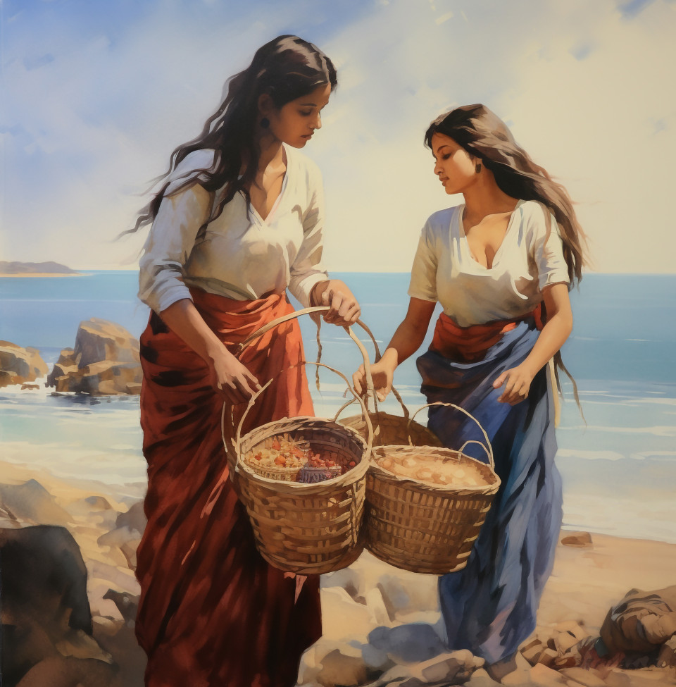 Woman with basket of flowers, kangra painting styles